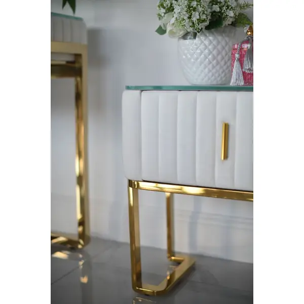 Szafka nocna glamour nowoczesna, beżowa, złota, stolik boczny z szufladą AMORE