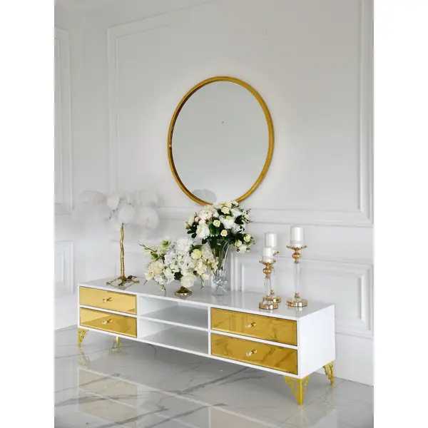 Exclusive TV chest of drawers, with mirrors, wooden, white, black, glamor, lacquered, silver VENICE
