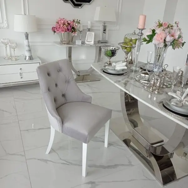 Krzesło glamour klasyczne do jadalni, drewniane, tapicerowane, pikowane, biała noga LIVORNO OUTLET