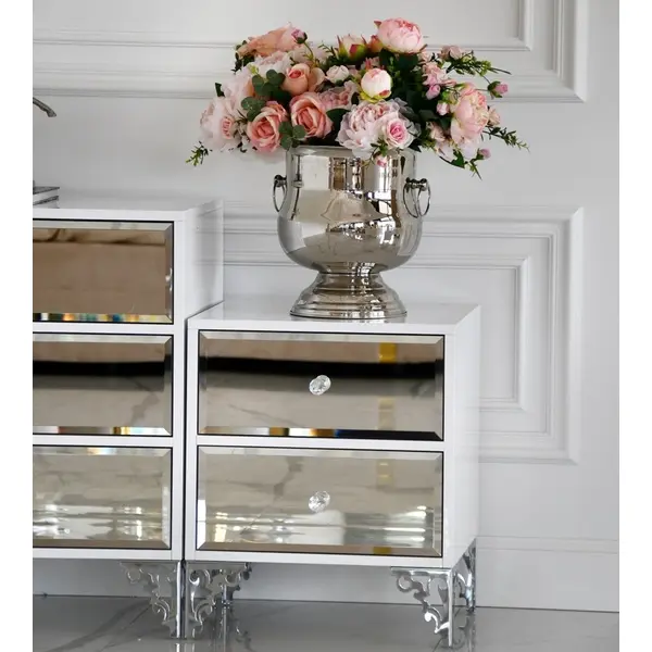 Luxurious bedside table, lacquered wooden side table, with mirror, silver VENICE