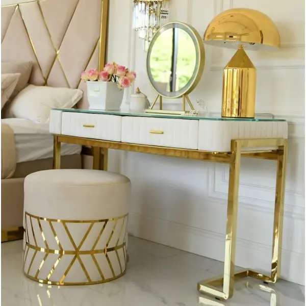 Pufa okrągła, do sypialni, toaletki, tapicerowana, pufa glamour beżowa złota DIAMOND