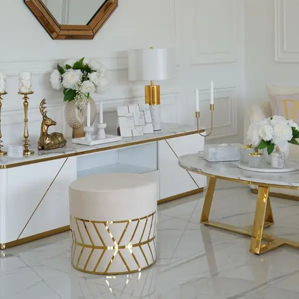 Pufa okrągła, do sypialni, toaletki, tapicerowana, pufa glamour beżowa złota DIAMOND