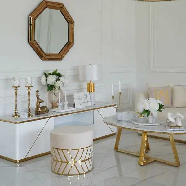 Pufa okrągła, do sypialni, toaletki, tapicerowana, pufa glamour beżowa złota DIAMOND