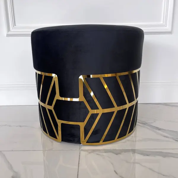 Pufa okrągła do sypialni, toaletki, tapicerowana glamour czarna złota DIAMOND