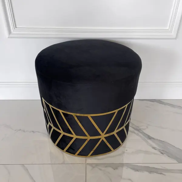 Pufa okrągła do sypialni, toaletki, tapicerowana glamour czarna złota DIAMOND