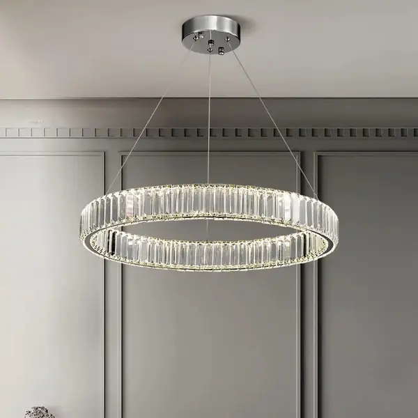 Crystal chandelier, ring, silver, modern glamor pendant lamp for the living room, adjustable ECLIPSE