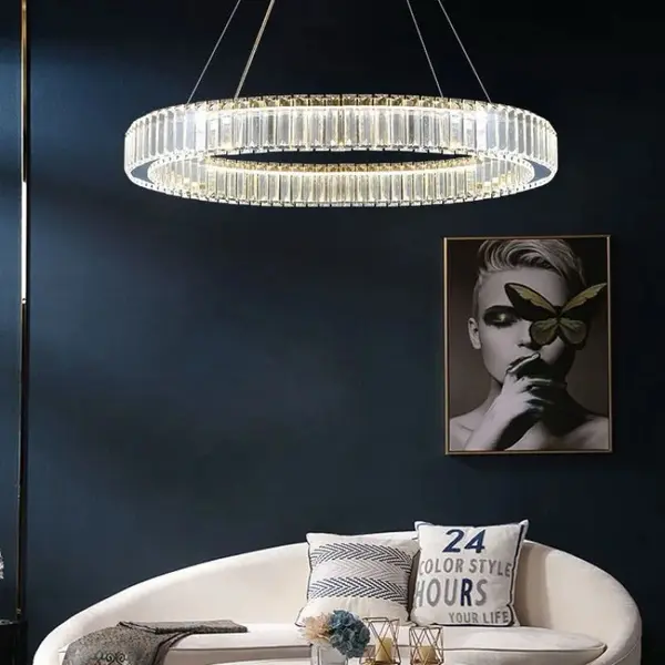 Crystal chandelier, ring, silver, modern glamor pendant lamp for the living room, adjustable ECLIPSE