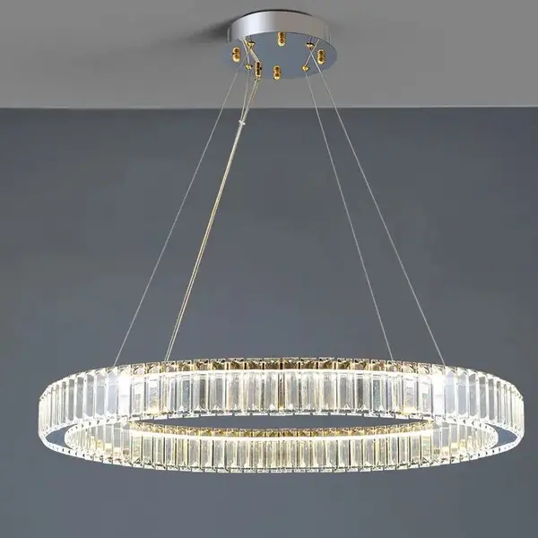 Crystal chandelier, ring, silver, modern glamor pendant lamp for the living room, adjustable ECLIPSE
