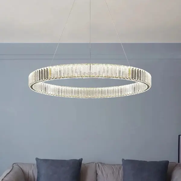 Crystal chandelier, ring, silver, modern glamor pendant lamp for the living room, adjustable ECLIPSE