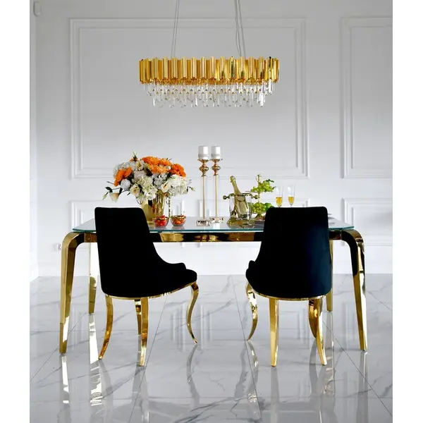 Designer dining table, glamor, with a glass top, steel, gold ELITE OUTLET