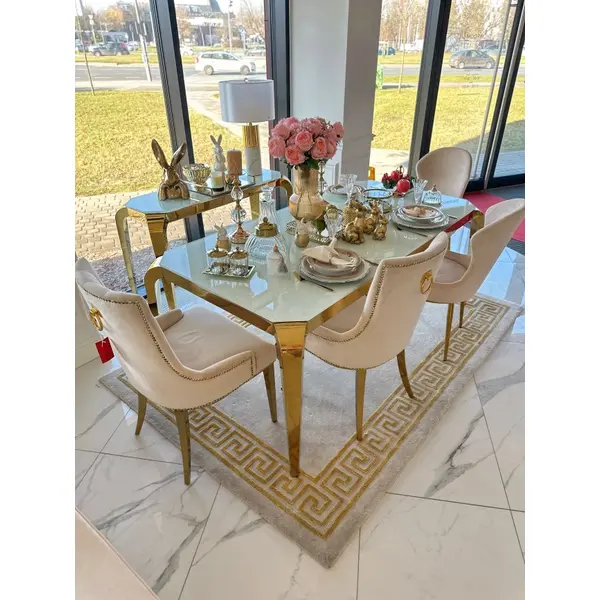 Designer dining table, glamor, with a glass top, steel, gold ELITE OUTLET