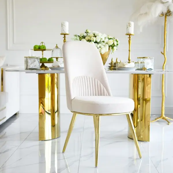 Glamor chair, modern, upholstered, designer, for the dining room, for the dressing table, beige gold SAVOY