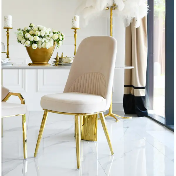 Glamor chair, modern, upholstered, designer, for the dining room, for the dressing table, beige gold SAVOY