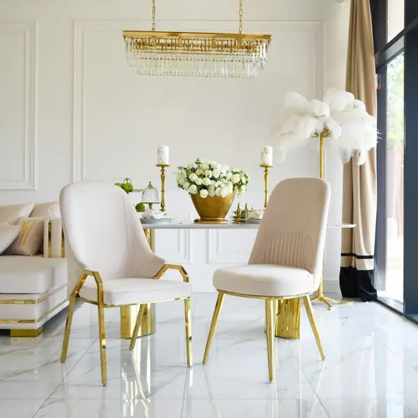 Glamor chair, modern, upholstered, designer, for the dining room, for the dressing table, beige gold SAVOY