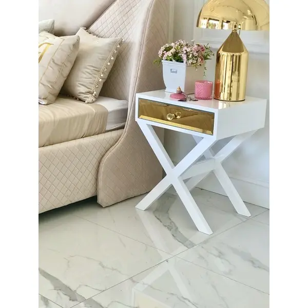 Szafka nocna glamour, boczna, drewniana, lakierowana, nowoczesna do salonu, do sypialni, złota VIKI OUTLET