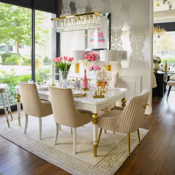 High gloss glamorous table, elegant white high gloss, light gold QUEEN