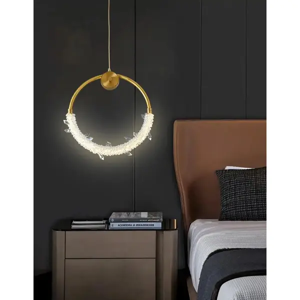Lampa wisząca kryształowa złota glamour, pojedynczy designerski okrągły zwis nad wyspę MOON
