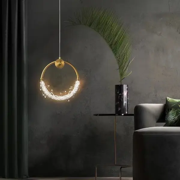Lampa wisząca kryształowa złota glamour, pojedynczy designerski okrągły zwis nad wyspę MOON