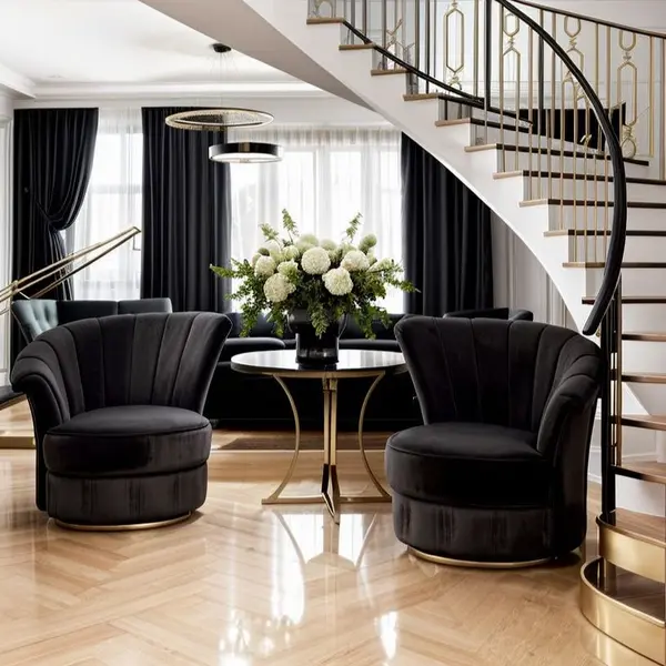 Designerski Fotel,  welwetowy, czarny, złoty FLOWER