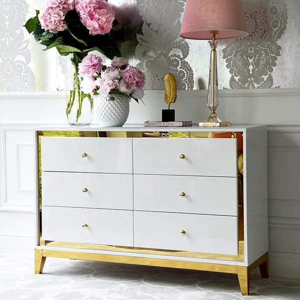 Lorenzo M Gold Glamour wooden lacquered chest of drawers with steel legs