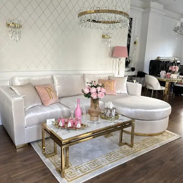 Aksamitny półokrągły złoty narożnik nowoczesny rozkładany PARIS