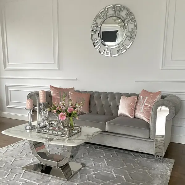 Ekskluzywna sofa pikowana srebrna rozkładana kanapa AVIATOR