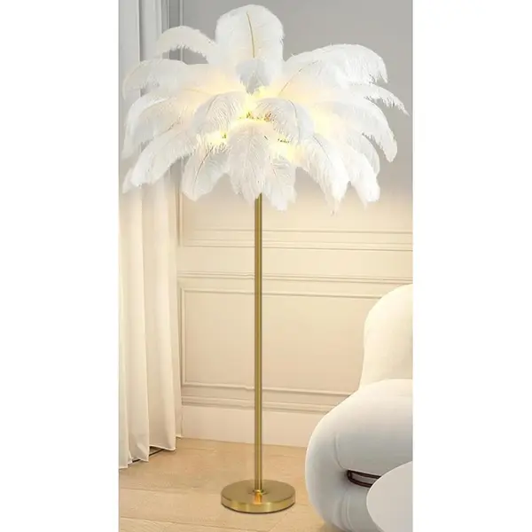 Lampa podłogowa glamour złota z białymi piórami 160 cm OUTLET