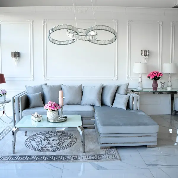 Luksusowy narożnik z funkcją spania na srebrnej nodze szary MONACO