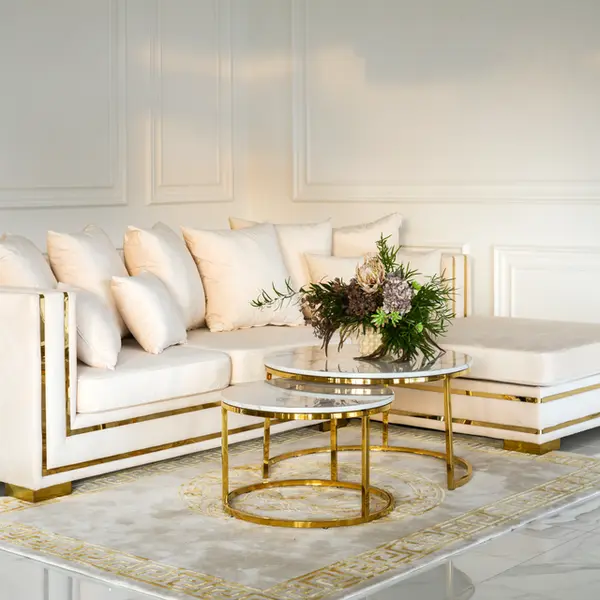 Corner sofa with slats, modern corner sofa, for the living room, extendable, designer gold with slats MONACO