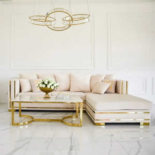Corner sofa with slats, modern corner sofa, for the living room, extendable, designer gold with slats MONACO