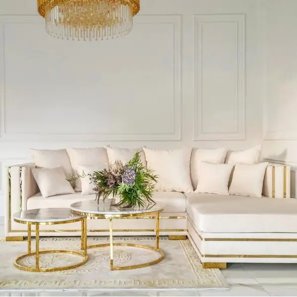 Corner sofa with slats, modern corner sofa, for the living room, extendable, designer gold with slats MONACO
