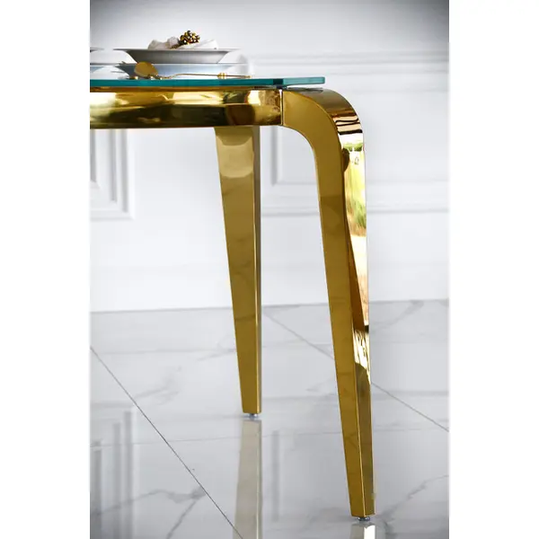 Stół złoty z białym szklanym blatem do jadalni, glamour, stalowy, designerski ELITE