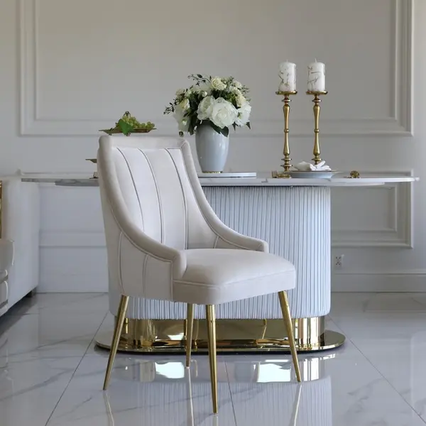 Exclusive glamor dining chair, straight legs, beige, gold DIANA