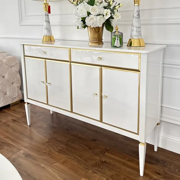 Ekskluzywna komoda biała lakierowana ze złotymi dekorami ELEGANCE OUTLET