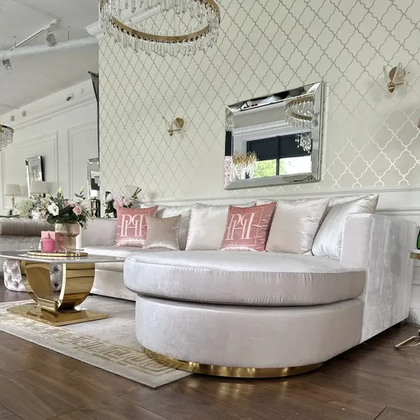 Aksamitny półokrągły złoty narożnik nowoczesny rozkładany PARIS