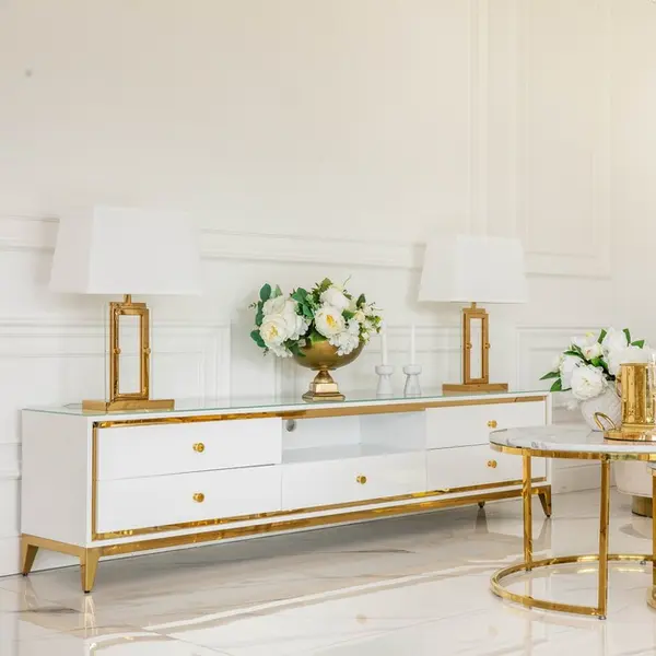 Komoda RTV glamour wysoki połysk biało złota luksusowa klasyczna Lorenzo L Gold