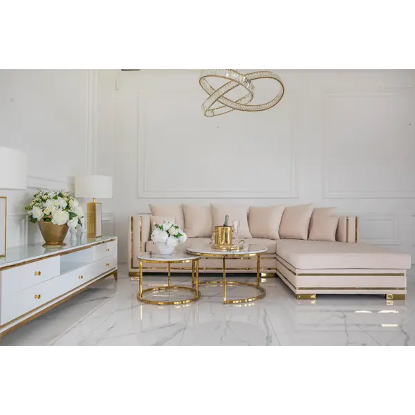 Corner sofa with slats, modern corner sofa, for the living room, extendable, designer gold with slats MONACO