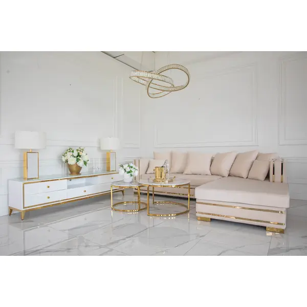 Corner sofa with slats, modern corner sofa, for the living room, extendable, designer gold with slats MONACO