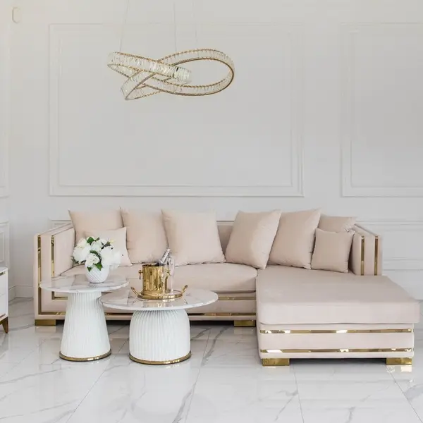 Corner sofa with slats, modern corner sofa, for the living room, extendable, designer gold with slats MONACO