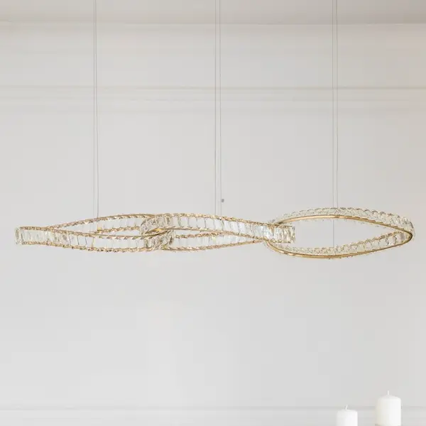 Żyrandol kryształowy złoty nowoczesny, duża podłużna lampa wisząca nad stół LILIBET L