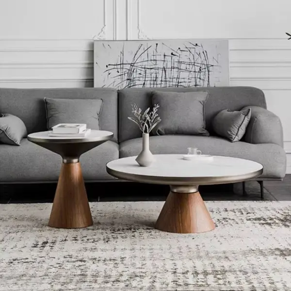 Nowoczesny stolik kawowy drewniany z blatem Patagonia  szczotkowane złoto ROBIN L