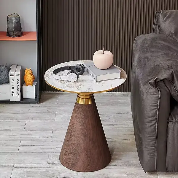 Nowoczesny stolik ROBIN S o ponadczasowym charakterze, drewniany, szczotkowane złoto