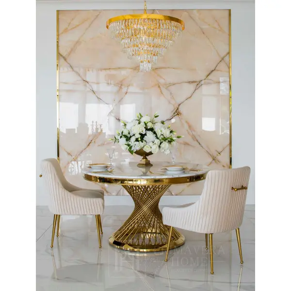 Stół designerski nowoczesny okrągły do jadalni z blatem  biały, czarny marmur lub Patagonia,  złoty 130 cm ANTONIO
