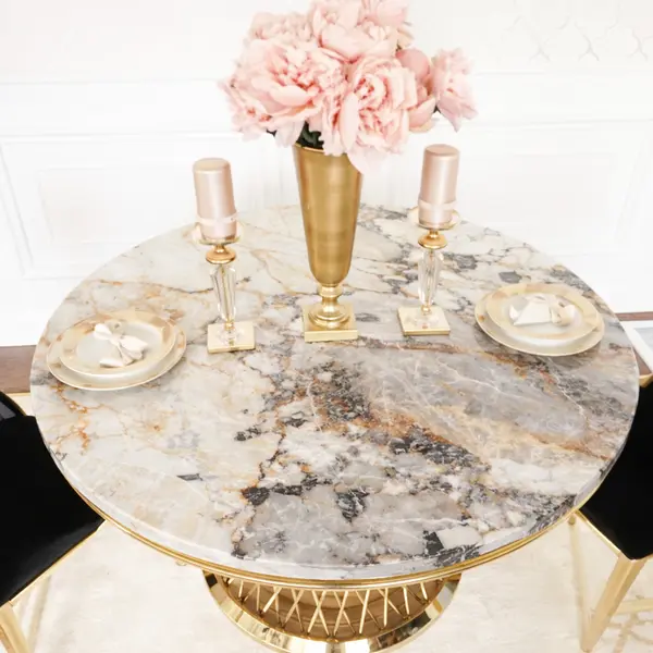 Stół designerski nowoczesny okrągły do jadalni z blatem  biały, czarny marmur lub Patagonia,  złoty 130 cm ANTONIO