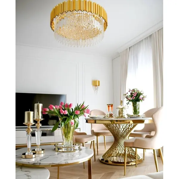 Stół designerski nowoczesny okrągły do jadalni z blatem  biały, czarny marmur lub Patagonia,  złoty 130 cm ANTONIO