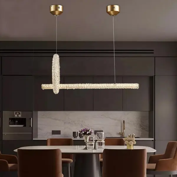 Podłużny żyrandol kryształowy glamour nad stół lub wyspę do jadalni, złoty