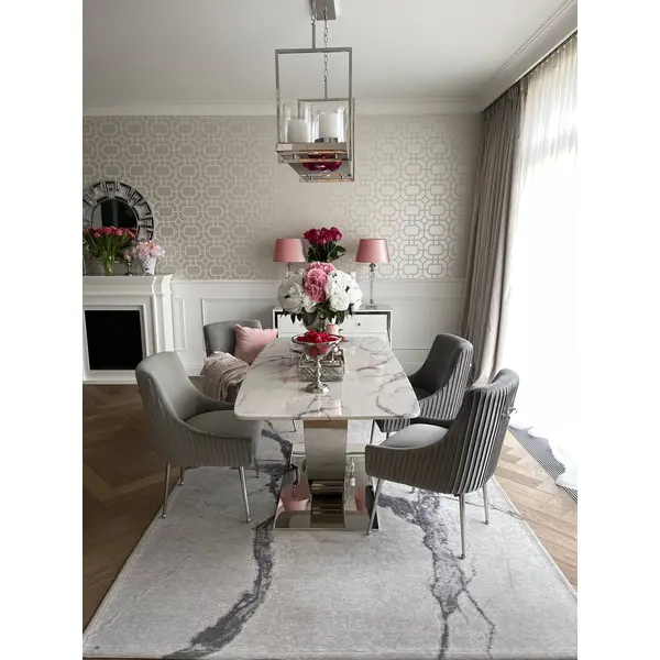 Stół glamour nowoczesny, designerski, srebrny z marmurowym białym blatem do jadalni ART DECO