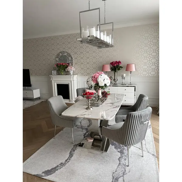 Stół glamour nowoczesny, designerski, srebrny z marmurowym białym blatem do jadalni ART DECO