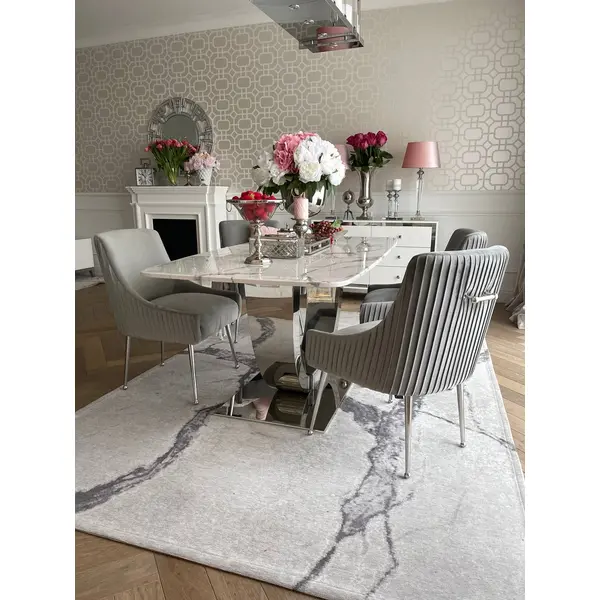 Stół glamour nowoczesny, designerski, srebrny z marmurowym białym blatem do jadalni ART DECO