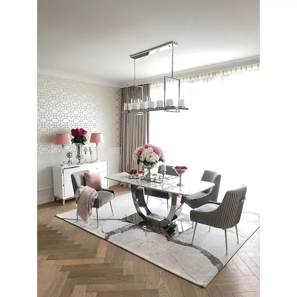 Stół glamour nowoczesny, designerski, srebrny z marmurowym białym blatem do jadalni ART DECO